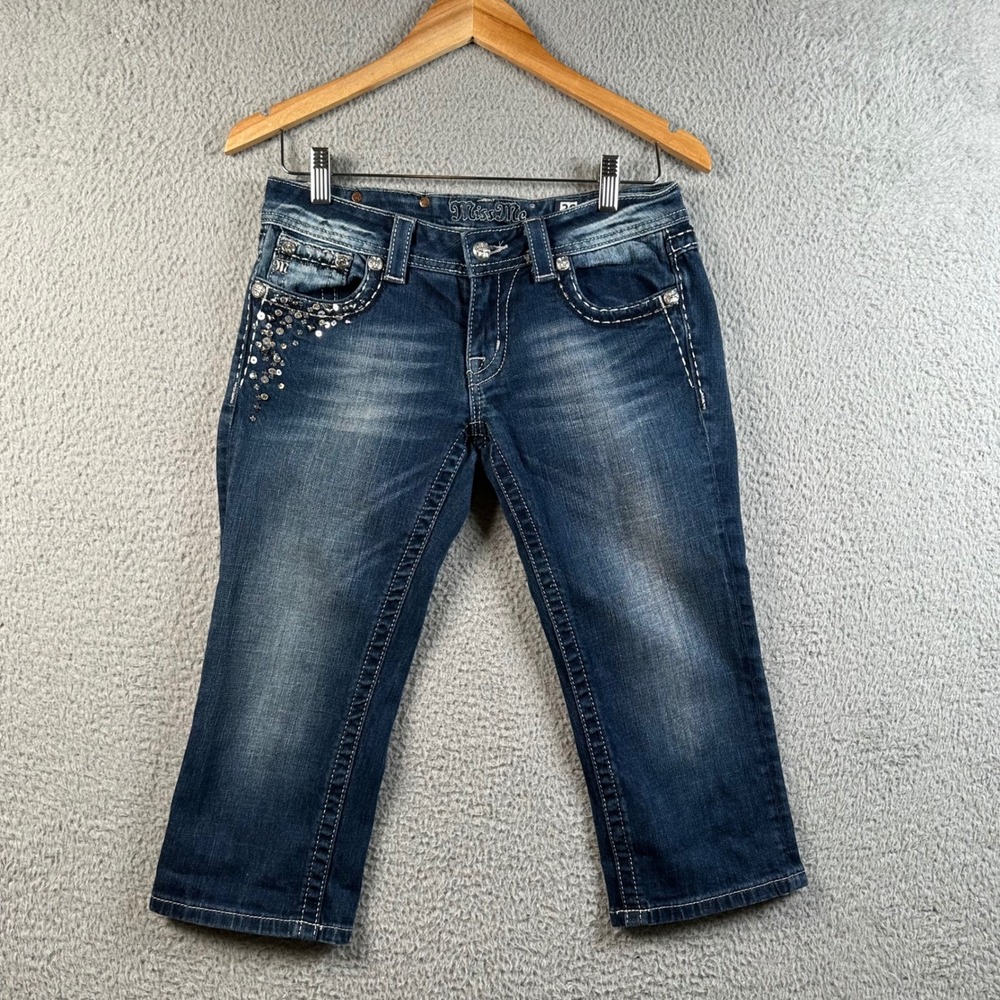 Miss Me JE5457P2 Dark Wash Embellished Capri Jeans Womens 28 Low Rise Y2K Buckle